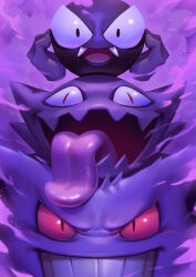 Rule 34 | colored sclera, creatures (company), fangs, game freak, gastly, gen 1 pokemon, gengar, ghost, haunter, max grecke, nintendo, no humans, open mouth, pokemon, pokemon (creature), red sclera, slit pupils, teeth, tongue, tongue out