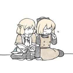 Rule 34 | 2girls, arm warmers, bad id, bad pixiv id, black footwear, blonde hair, blush, book, bow, braid, brown dress, closed eyes, dress, embarrassed, finger to face, french braid, hair bow, holding, holding book, kurodani yamame, long sleeves, looking at another, lowres, mizuhashi parsee, multiple girls, pointy ears, ponytail, sabakan (iizuka48), scarf, seiza, shoes, short sleeves, side-by-side, simple background, sitting, skirt, smile, talking, touhou, turtleneck, white background, yokozuwari