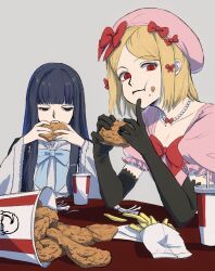 Rule 34 | 2girls, beret, black eyes, black gloves, black hair, blonde hair, blue bow, blunt bangs, bone, bow, bowtie, closed mouth, collarbone, commentary request, cup, disposable cup, dress, drinking straw, eating, elbow gloves, elbows on table, empty eyes, food, food on face, frederica bernkastel, french fries, fried chicken, full mouth, gloves, grey background, hair bow, half-closed eyes, hands up, hat, highres, holding, holding food, index finger raised, jewelry, kfc, lambdadelta, leaning forward, long hair, looking at viewer, looking away, multiple girls, multiple hair bows, nasu (nasuotabe), necklace, open mouth, pearl necklace, pink dress, pink headwear, puffy short sleeves, puffy sleeves, red bow, red eyes, shirt, short hair, short sleeves, sidelocks, swept bangs, umineko no naku koro ni, upper body, white shirt, wide sleeves