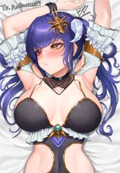 Rule 34 | 1girl, :/, absurdres, armpits, arms up, bed sheet, breasts, buff bard, choker, cleavage, detached sleeves, frilled sleeves, frills, hair ornament, highres, large breasts, looking away, lying, multicolored eyes, navel, on back, original, purple hair, red eyes, revealing clothes, skindentation, upper body, yellow eyes