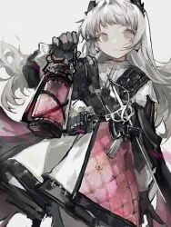 Rule 34 | 1girl, ammunition belt, arknights, arm up, black gloves, black jacket, capelet, closed mouth, commentary request, cowboy shot, expressionless, gloves, grey background, grey eyes, grey hair, head wings, highres, holding, holding lantern, irene (arknights), jacket, lantern, long hair, long sleeves, looking at viewer, pantyhose, pink skirt, rapier, rmcbarm, scar, scar across eye, simple background, skirt, solo, sword, two-tone skirt, weapon, white capelet, white pantyhose, white skirt, wings