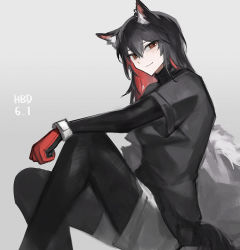 Rule 34 | 1girl, alternate eye color, animal ears, arknights, black gloves, black hair, black pantyhose, black sleeves, brown eyes, commentary, dated, ear piercing, feet out of frame, gloves, grey background, grey shorts, happy birthday, highres, iwis, knee up, pantyhose under shorts, long hair, looking at viewer, multicolored hair, pantyhose, piercing, red gloves, red hair, shorts, sitting, smile, solo, tail, texas (arknights), two-tone gloves, two-tone hair, wolf ears, wolf girl, wolf tail, wristband