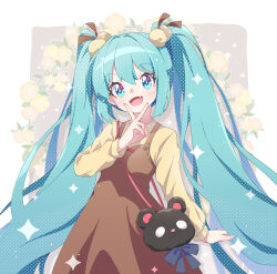 Rule 34 | 1girl, :d, absurdres, animal bag, bag, between breasts, blue eyes, blue hair, blush, breasts, brown dress, brown flower, brown shirt, commentary, dress, fang, floral background, flower, fuusen neko, hand up, hatsune miku, head tilt, highres, long hair, long sleeves, looking at viewer, open mouth, puffy long sleeves, puffy sleeves, shirt, shoulder bag, sleeveless, sleeveless dress, small breasts, smile, solo, strap between breasts, twintails, v over mouth, very long hair, vocaloid, yellow flower
