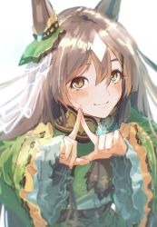 Rule 34 | 1girl, animal ears, blush, brown eyes, brown hair, closed mouth, dress, green dress, hands up, highres, horse ears, index fingers raised, index fingers together, long hair, long sleeves, looking at viewer, satono diamond (umamusume), smile, solo, sparkle, tanahashi beiko, umamusume, upper body