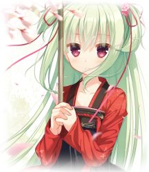 Rule 34 | 1girl, blurry, blurry foreground, blush, cariboy, chinese clothes, closed mouth, collarbone, commentary request, depth of field, flower, green hair, hair between eyes, hair flower, hair ornament, hair ribbon, hands up, hanfu, highres, long hair, long sleeves, looking at viewer, murasame (senren), petals, pink flower, red eyes, red ribbon, ribbon, senren banka, sleeves past wrists, smile, solo, two side up, upper body, very long hair
