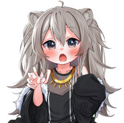 Rule 34 | 1girl, absurdres, aged down, ahoge, animal ear fluff, animal ears, bare shoulders, black jacket, black shirt, blush, commentary request, daichi (daichi catcat), fang, grey eyes, hair between eyes, hands up, highres, hololive, jacket, lion ears, long hair, long sleeves, looking at viewer, open mouth, shirt, shishiro botan, shishiro botan (1st costume), simple background, skin fang, sleeves past fingers, sleeves past wrists, solo, upper body, virtual youtuber, white background