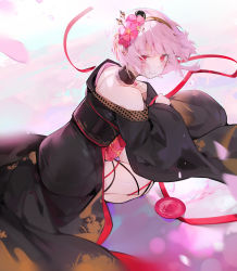 Rule 34 | 1girl, bare shoulders, black kimono, brown hairband, closed mouth, commentary, cup, dema hmw, flower, from behind, hair flower, hair ornament, hairband, highres, hololive, hololive english, japanese clothes, kimono, long sleeves, looking at viewer, looking back, mori calliope, off shoulder, petals, pink flower, pink hair, red eyes, sakazuki, smile, solo, squatting, virtual youtuber, wide sleeves