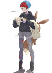 Rule 34 | 1girl, absurdres, backpack, bag, black footwear, black hoodie, blue hair, blush, boots, brown bag, commentary request, creatures (company), full body, game freak, glasses, grey eyes, grey pantyhose, highres, hood, hoodie, looking at viewer, multicolored hair, nintendo, own hands together, pantyhose, penny (pokemon), pigeon-toed, poke ball print, pokemon, pokemon sv, print hoodie, qto toto, red hair, round eyewear, see-through, see-through skirt, shorts, shorts under skirt, skirt, solo, standing, steepled fingers, two-tone hair, white background