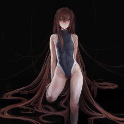 1girl absurdly_long_hair absurdres bare_arms bare_legs bare_shoulders black_background blush breasts brown_hair closed_mouth collarbone competition_swimsuit covered_navel hair_between_eyes highleg highres long_hair looking_at_viewer luuwruf makise_kurisu one-piece_swimsuit purple_eyes signature simple_background small_breasts solo standing steins;gate swimsuit thighs turtleneck very_long_hair