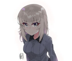 Rule 34 | 1girl, artist name, blue eyes, closed mouth, commentary, dated, dress shirt, girls und panzer, grey shirt, insignia, itsumi erika, kimi tsuru, kuromorimine school uniform, light smile, long sleeves, looking at viewer, medium hair, school uniform, shirt, signature, silver hair, simple background, solo, white background, wing collar