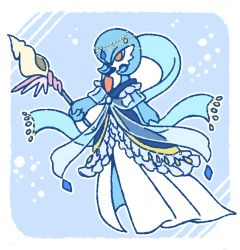 Rule 34 | 1girl, alternate color, blue dress, blue hair, blue skin, border, clothed pokemon, colored skin, conch, creatures (company), dress, female focus, frilled dress, frills, full body, game freak, gardevoir, gen 3 pokemon, hair over one eye, highres, holding, holding staff, jewelry, muguet, multicolored skin, nintendo, no mouth, outline, pokemon, pokemon (creature), red eyes, see-through, shiny pokemon, short hair, simple background, solo, staff, standing, two-tone skin, white background, white border, white outline, white skin