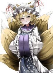 Rule 34 | 1girl, :3, absurdres, blonde hair, blue tabard, blush, collar, collared dress, cowboy shot, dress, fox tail, frilled collar, frilled hat, frilled sleeves, frills, half-closed eyes, hands up, hat, hat ribbon, hat tassel, highres, kitsune, long sleeves, looking at viewer, mob cap, multiple tails, ougiikun, own hands together, red ribbon, ribbon, short hair, simple background, solo, tabard, tail, tassel, touhou, white background, white dress, wide sleeves, yakumo ran, yellow eyes