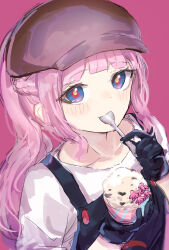 Rule 34 | 1girl, black gloves, blue eyes, blush, braid, brown hat, cabbie hat, closed mouth, cup, disposable cup, food, gloves, hat, highres, holding, holding cup, holding spoon, ice cream, kaf (kamitsubaki studio), kamitsubaki studio, long hair, looking at viewer, overalls, pink background, pink hair, ponytail, red pupils, rice (okome no naru ki), shirt, simple background, solo, spoon, upper body, utensil in mouth, virtual youtuber, white shirt