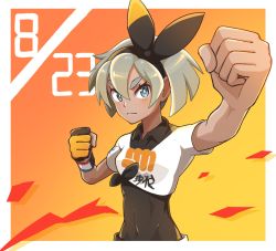 Rule 34 | 1girl, bea (pokemon), black bodysuit, black hairband, blush, bodysuit, bodysuit under clothes, clenched hands, closed mouth, collared shirt, commentary request, covered navel, creatures (company), dark-skinned female, dark skin, dynamax band, game freak, gloves, grey hair, gym leader, hair between eyes, hairband, hands up, highres, hyoe (hachiechi), nintendo, pokemon, pokemon swsh, print shirt, shirt, short hair, short sleeves, single glove, solo, tied shirt, upper body