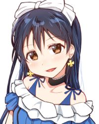 Rule 34 | 1girl, bare shoulders, black choker, blue dress, blue hair, blush, bow, choker, commentary request, dress, earrings, frilled choker, frilled dress, frilled sleeves, frills, hair between eyes, hair bow, hair ornament, jewelry, long hair, looking at viewer, love live!, love live! school idol festival, love live! school idol project, open mouth, short sleeves, simple background, skull573, smile, solo, sonoda umi, white background, white bow, yellow eyes