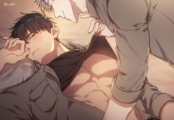 Rule 34 | 2boys, abs, bare pectorals, black eyes, black shirt, blush, brown hair, closed mouth, clothes lift, highres, ilay riegrow, jeong taeui, lifting another&#039;s clothes, male focus, multiple boys, muscular, muscular male, o ssion, passion (manhwa), pectorals, shirt, shirt lift, smile, sweat, underpec, white hair, yaoi