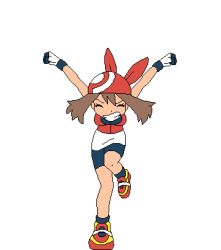 Rule 34 | 1girl, aliasing, animated, animated gif, bandana, bike shorts, bloggerman, bouncing breasts, breasts, brown hair, closed eyes, creatures (company), game freak, gloves, jumping, large breasts, lowres, may (pokemon), nintendo, open mouth, pokemon, shoes, simple background, sneakers, solo, white background