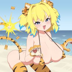 Rule 34 | + +, 1girl, absurdres, animal ears, ass, bare shoulders, beach, bent over, bikini, blonde hair, blue eyes, blue hair, blush, bombergirl, breasts, claw pose, collarbone, covered erect nipples, cromachina, highres, huge breasts, multicolored hair, open mouth, orange bikini, orange thighhighs, outdoors, pine (bombergirl), short hair, skindentation, solo, swimsuit, tail, thighhighs, thighs, twintails, yellow pupils