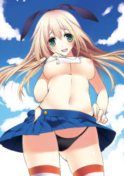 Rule 34 | 1girl, atago (kancolle), black hairband, black panties, blonde hair, blue skirt, blue sky, blush, breasts, cloud, commentary request, cosplay, cowboy shot, crop top, green eyes, hair between eyes, hairband, highleg, highleg panties, kantai collection, large breasts, long hair, looking at viewer, miniskirt, miya (chocolate holic), navel, nipple slip, nipples, open mouth, panties, red thighhighs, shimakaze (kancolle), shimakaze (kancolle) (cosplay), skirt, sky, smile, solo, thighhighs, underwear, white thighhighs