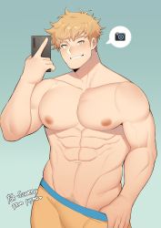 Rule 34 | 1boy, abs, absurdres, bara, blonde hair, blush, boxer briefs, bulge, cowboy shot, fujimachine (clayten), granblue fantasy, green eyes, highres, holding, holding phone, large pectorals, looking at viewer, male focus, male pubic hair, male underwear, male underwear pull, muscular, muscular male, navel, nipples, pectorals, phone, pubic hair, pulling own clothes, selfie, short hair, sideburns, smile, solo, stomach, underwear, underwear only, vane (granblue fantasy), yellow boxer briefs, yellow male underwear