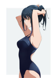 Rule 34 | 1girl, absurdres, aqua background, armpits, arms behind head, arms up, black hair, blue eyes, blue one-piece swimsuit, breasts, framed, grey hair, hairband, highres, looking at viewer, medium hair, mieruko-chan, mouth hold, nishizuki shino, one-piece swimsuit, outside border, profile, red hairband, solo, swimsuit, tying hair, upper body, yellow eyes, yotsuya miko
