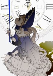Rule 34 | 1girl, absurdres, blue dress, blue ribbon, bonnet, brown eyes, clock, collared dress, commentary request, dress, expressionless, frilled bonnet, frilled dress, frills, grey hair, highres, lolita fashion, long hair, looking up, machita chima, nijisanji, numata zombie, ribbon, roman numeral, shadow, sitting, solo, thick eyebrows, virtual youtuber, wrist cuffs