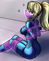 Rule 34 | angry, arms behind back, ass, blonde hair, breasts, from behind, gagged, hair between eyes, head tilt, highres, impossible clothes, long hair, looking at viewer, looking back, magnolia-baillon, medium breasts, metroid, nintendo, ponytail, samus aran, sidelocks, sitting, struggling, zero suit, zero suit