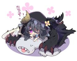Rule 34 | 1girl, black hair, bow, chaotic gore magala, chibi, colored shadow, commentary request, fang, floral background, flower, grey bow, hair ornament, hair over one eye, hairclip, highres, hood, hood up, horns, looking at viewer, milkpanda, monster hunter (series), parted lips, personification, purple eyes, shadow, sharp teeth, short eyebrows, simple background, sweat, teeth, thick eyebrows, tongue, tongue out, translation request, white background, white bow, yellow flower