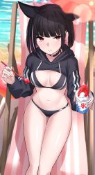 Rule 34 | 1girl, animal ears, beach, bikini, black bikini, black hair, black jacket, blue archive, blush, breasts, cat ears, closed mouth, colored inner hair, commentary request, day, extra ears, food, hair ornament, hairclip, jacket, kazusa (blue archive), long sleeves, looking at viewer, medium breasts, multicolored hair, nichijo, ocean, outdoors, pink hair, red eyes, shaved ice, short hair, solo, swimsuit