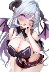 Rule 34 | 1girl, absurdres, blue hair, blush, breasts, character request, cleavage, copyright request, demon girl, fang, from above, hair ornament, hairclip, highres, horns, large breasts, looking at viewer, miniskirt, multicolored hair, niku (hamuchang), open mouth, panties, purple hair, skirt, underwear, white background, wings