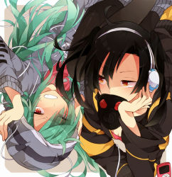 Rule 34 | 2girls, creator connection, enomoto takane, gas mask, green hair, grin, headphone actor (vocaloid), headphones, hood, hoodie, kagerou project, kido tsubomi, long hair, mask, mekakushi code (vocaloid), multiple girls, red eyes, smile, tobari (brokenxxx), twintails, vocaloid
