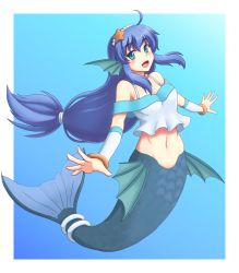 Rule 34 | 1girl, :d, ahoge, arm guards, armpits, bare shoulders, blue background, blue hair, bracelet, fins, green eyes, head fins, isaki (gomi), jewelry, long hair, looking at viewer, low-tied long hair, mermaid, monster ears, monster girl, navel, off shoulder, open mouth, outstretched arms, puyopuyo, scales, serilly (puyopuyo), shirt, sidelocks, simple background, smile, solo, starfish, stomach, touhou, very long hair, wakasagihime, white shirt