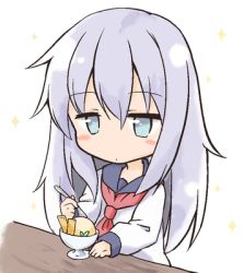 Rule 34 | 1girl, bad id, bad pixiv id, blue eyes, blue sailor collar, blush stickers, closed mouth, commentary request, food, hair between eyes, hibiki (kancolle), holding, holding spoon, ice cream, kantai collection, long hair, long sleeves, lowres, neckerchief, no headwear, red neckerchief, sailor collar, school uniform, serafuku, shirt, silver hair, simple background, sleeves past wrists, solo, sparkle, spoon, table, tobi (nekomata homara), very long hair, white background, white shirt
