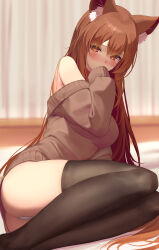 Rule 34 | 1girl, absurdres, animal ear fluff, animal ears, ass, black thighhighs, blurry, blurry background, blush, breasts, brown eyes, brown hair, brown sweater, commission, covered mouth, curtains, embarrassed, eyelashes, feet out of frame, hair between eyes, half-closed eyes, hand to own mouth, hand up, highres, indoors, legs, legs together, long hair, long sleeves, looking at viewer, medium breasts, nametarou (meron), no pants, off-shoulder sweater, off shoulder, original, panties, pantyshot, single bare shoulder, sitting, skeb commission, sleeves past fingers, sleeves past wrists, solo, straight hair, sweater, thighhighs, thighs, underwear, very long hair, white panties, yokozuwari