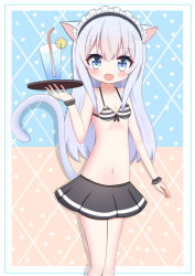 Rule 34 | 1girl, :d, absurdres, animal ears, bare arms, bare shoulders, bendy straw, bikini, bikini top only, black skirt, blue eyes, blush, breasts, cat ears, cat girl, cat tail, commentary request, cup, drink, drinking glass, drinking straw, fang, food, fruit, hair between eyes, hand up, highres, holding, holding tray, jiu (sdesd3205), lemon, lemon slice, long hair, looking at viewer, maid headdress, navel, open mouth, original, pleated skirt, silver hair, skirt, small breasts, smile, solo, striped bikini, striped clothes, swimsuit, tail, tray, very long hair, wrist cuffs