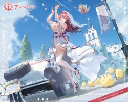 Rule 34 | 1girl, ahoge, arms up, azur lane, bird, blue sky, bouquet toss, breasts, bremerton (azur lane), bremerton (joyride of love) (azur lane), bridal veil, car, character name, chick, church, day, dress, english text, floating hair, flower, full body, garter straps, hair flower, hair intakes, hair ornament, high heels, jewelry, katsudansou, lace, lace-trimmed legwear, lace trim, large breasts, long hair, looking at viewer, manjuu (azur lane), motor vehicle, multicolored hair, multiple views, official alternate costume, official art, one eye closed, outdoors, patent heels, petals, pink eyes, pink hair, pumps, ribbon, ring, shoes, sky, standing, standing on one leg, stiletto heels, streaked hair, striped, striped ribbon, thighhighs, veil, wedding dress, wedding ring, white dress, white thighhighs