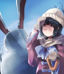 Rule 34 | 1girl, animal ears, bare tree, black hair, blue sky, rabbit ears, day, dress, hand on own forehead, heiya, houraisan kaguya, knit hat, long sleeves, looking at viewer, mittens, outdoors, red eyes, ribbon, scarf, shovel, sky, smile, snowman, solo, touhou, tree, upper body, winter, worktool