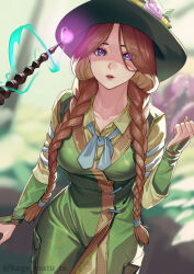 Rule 34 | 1girl, absurdres, animification, blue eyes, blurry, blurry background, braid, breasts, commentary request, dress, green dress, green hat, harry potter (series), hat, highres, hogwarts legacy, kagematsuri, long hair, long sleeves, looking at viewer, medium breasts, mirabel garlick, parted lips, pov, professor garlick, red hair, solo, twin braids, twitter username, wand, witch hat, wizarding world