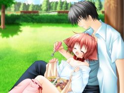 Rule 34 | 1boy, 1girl, :d, ^ ^, against tree, animal ears, asymmetrical clothes, bare shoulders, bench, bento, black hair, blush, bone, child, closed eyes, collar, couple, day, dog ears, eating, fang, flat chest, food, fork, game cg, grass, happy, hetero, hinata (pure pure), holding, holding fork, kneehighs, nature, no pants, octopus, off shoulder, open clothes, open mouth, open shirt, outdoors, picnic, pink hair, pink thighhighs, profile, pure pure, reclining, ribbon, sakurazawa izumi, shirt, short hair, sitting, sitting on lap, sitting on person, smile, socks, sweater, thighhighs, tree, yuuki jun