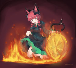 Rule 34 | 10s, 1girl, 2014, animal ears, b.d, bell, bow, braid, breasts, cat ears, cat tail, clothes lift, dated, dress, dress lift, embers, fire, green dress, hair bow, highres, juliet sleeves, kaenbyou rin, kneeling, long sleeves, looking at viewer, multiple tails, neck ribbon, nekomata, open mouth, puffy sleeves, red eyes, red hair, ribbon, signature, skirt hold, solo, tail, touhou, twin braids, two tails, wheel