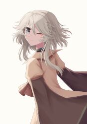 Rule 34 | 1other, androgynous, ascot, black sleeves, bow, brown ascot, brown bow, brown coat, closed mouth, coat, evanescent existence, fox10991, grey eyes, grey hair, highres, houlen yabusame, len&#039;en, len'en, long sleeves, one eye closed, short hair with long locks, smile, white background, wide sleeves