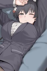 Rule 34 | 1girl, black eyes, black hair, black jacket, black skirt, blue archive, breasts, buttons, closed mouth, grey eyes, hair between eyes, hair ornament, hand on own head, highres, hoshiya takahito, jacket, large breasts, long sleeves, looking at viewer, lying, on back, one eye closed, pantyhose, shirt, short hair, skirt, solo, tsubaki (blue archive), tsubaki (guide) (blue archive), white shirt