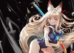 Rule 34 | 1girl, animal ears, bare arms, bare shoulders, blonde hair, blue leotard, breasts, closed mouth, commentary request, dark background, facial mark, fox ears, fox girl, fox tail, highres, holding, holding sword, holding weapon, katana, kitsune, large breasts, large tail, leotard, long hair, looking at viewer, original, sheath, shimofuri, sleeveless turtleneck leotard, solo, sword, tail, thick eyebrows, thighs, unsheathing, v-shaped eyebrows, weapon, yellow eyes
