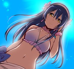 Rule 34 | 1girl, arm up, bikini, bikini skirt, blue hair, blush, bracelet, closed mouth, commentary request, flower, frilled bikini, frills, hair between eyes, hair flower, hair ornament, hand in own hair, hibiscus, jewelry, kamekoya sato, long hair, looking at viewer, love live!, love live! school idol project, natsuiro egao de 1 2 jump!, navel, necklace, simple background, smile, solo, sonoda umi, swimsuit, yellow eyes