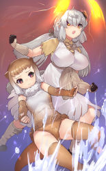 Rule 34 | 2girls, action, animal ears, bare shoulders, boots, bow, bowtie, brown gloves, brown hair, brown legwear, brown one-piece swimsuit, clenched hands, commentary request, dress, elbow gloves, fingerless gloves, frilled swimsuit, frills, fur collar, gloves, hair tie, hair tubes, japanese otter (kemono friends), kemono friends, long dress, long hair, multicolored hair, multiple girls, one-piece swimsuit, orange eyes, otter ears, otter tail, ox ears, ox girl, ox horns, shirt, short sleeves, sleeveless, swimsuit, tadano magu, tail, thighhighs, two-tone swimsuit, white dress, white footwear, white fur, white gloves, white hair, white one-piece swimsuit, yak (kemono friends), yellow shirt, zettai ryouiki