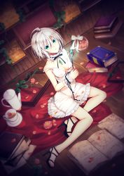 Rule 34 | 1girl, bad id, bad pixiv id, black footwear, black ribbon, book, book stack, breasts, choker, cleavage, colored eyelashes, cup, dress, dutch angle, eyebrows, flower, gem, green eyes, high heels, highres, holding, medium breasts, neck ribbon, on floor, open book, original, paper, parted lips, peke (xpeke pekex), petals, picture frame, red flower, red rose, ribbon, rose, saucer, shoes, silver hair, sitting, sleeveless, sleeveless dress, solo, strap slip, teacup, teapot, wand, white dress, witch, wooden floor, wooden wall