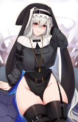 Rule 34 | 1girl, absurdres, arknights, arm behind head, black footwear, black headwear, black nails, black thighhighs, blush, breasts, capelet, coat, covering one eye, cromwellb, garter straps, grey capelet, grey coat, grey hair, habit, hair between eyes, hand up, highres, jewelry, long hair, looking at viewer, medium breasts, nail polish, necklace, nun, off shoulder, open clothes, open coat, pelvic curtain, red eyes, smile, specter (arknights), thick thighs, thighhighs, thighs, turtleneck