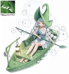 Rule 34 | 1girl, absurdres, bare legs, barefoot, bell, boat, coin, dress, flower, ghost, green hat, grey eyes, grey hair, hat, heterochromia, highres, jewelry, lantern, lily of the valley, long hair, multi-tied hair, necklace, oar, original, personification, rinotuna, shadow, simple background, single bare shoulder, solo, watercraft, white background, white dress, witch hat, yellow eyes