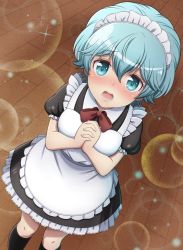 Rule 34 | 1girl, :d, alternate costume, apron, black socks, blue eyes, blue hair, blush, dress, enmaided, highres, houkago saikoro club, indoors, interlocked fingers, jougenmushi, kneehighs, looking at viewer, maid, maid headdress, open mouth, own hands together, puffy sleeves, short hair, smile, socks, solo, takekasa miki