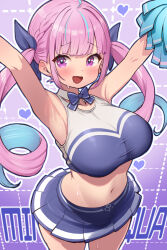 Rule 34 | 1girl, alternate costume, armpits, arms up, blue bow, blue bowtie, blue hair, blue sports bra, blunt bangs, blush, bow, bowtie, braid, breasts, cheerleader, crop top, drill hair, fanged bangs, french braid, highres, hololive, kani bonara, large breasts, looking at viewer, midriff, minato aqua, multicolored hair, navel, open mouth, pleated skirt, pom pom (cheerleading), purple eyes, purple hair, skirt, solo, sports bra, streaked hair, sweat, twin braids, twin drills, twintails, two-tone hair, virtual youtuber